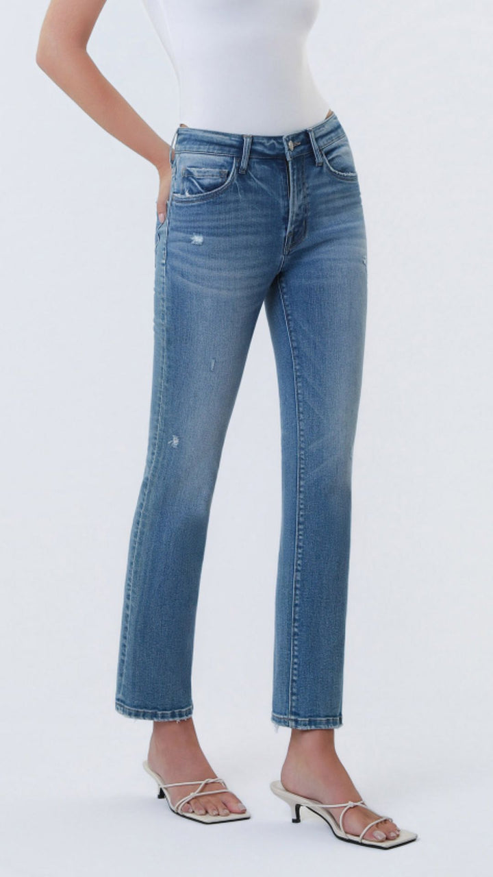 Mid Rise Medium Wash Ankle Slim Straight Slight Distressed Jeans