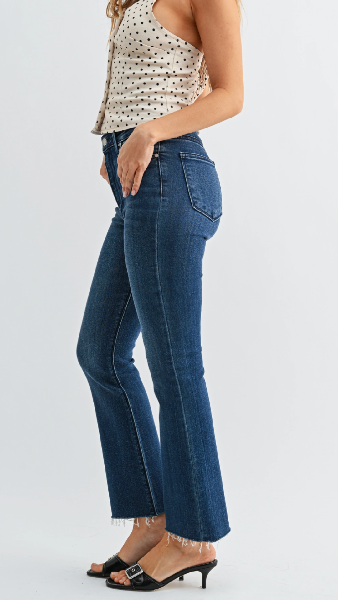 High Rise Dark Wash Tonal Crop Flare Jeans