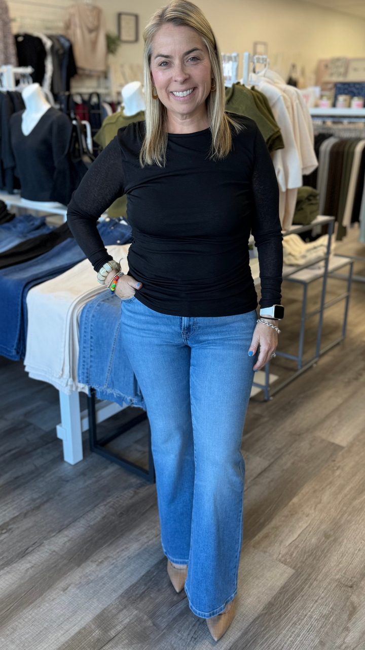 Black Mesh Long Sleeve Ruched Top