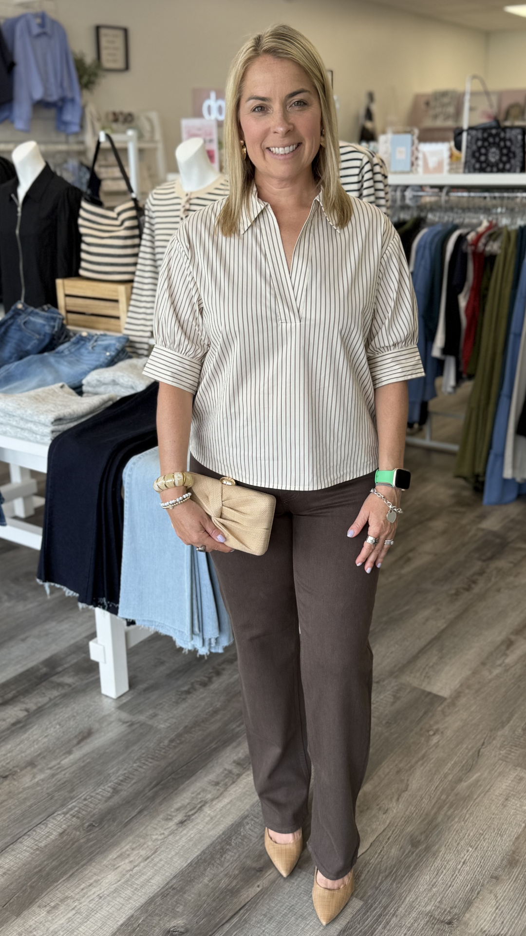 Taupe Stripe Split Neck Blouse
