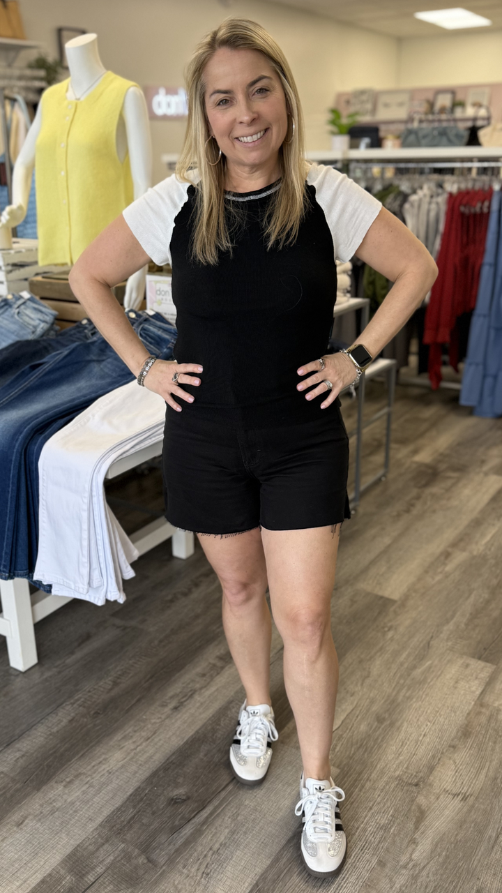 High Rise Black Side Slit Mom Shorts