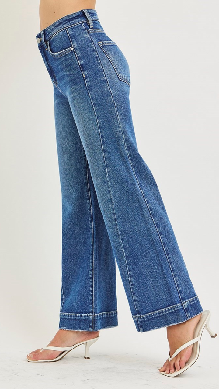 High Rise Dark Wash Tummy Control Wide Leg Full Length Jeans