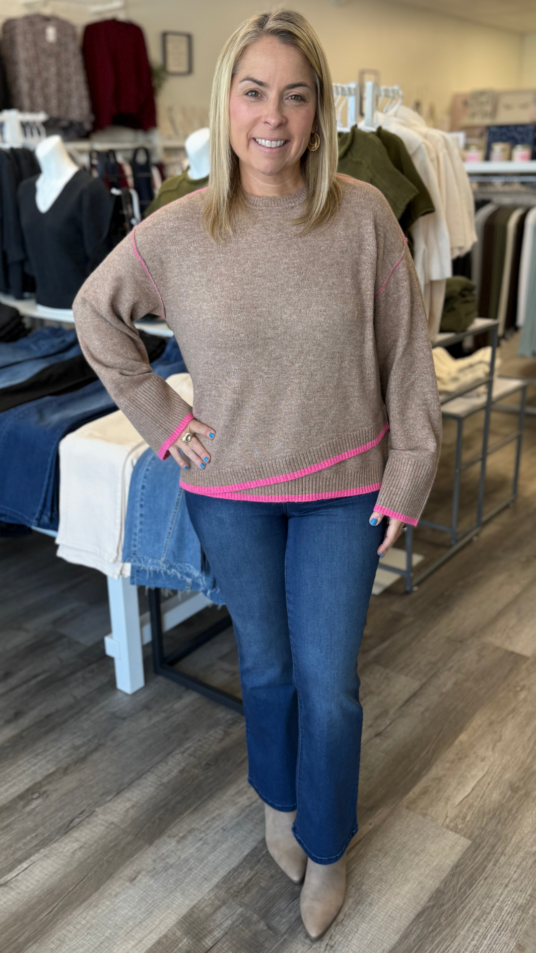 Camel Contrast Trim Crew Neck Sweater