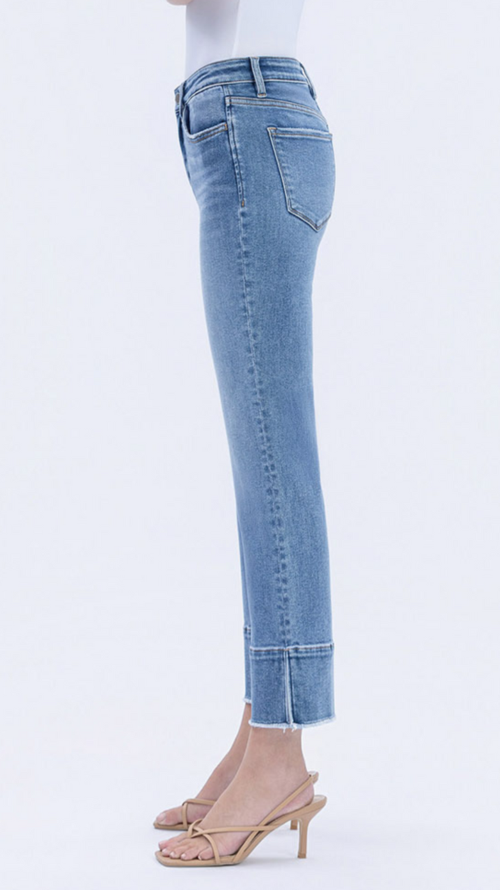 High Rise Medium Wash Trouser Slit Hem Kick Flare Jeans