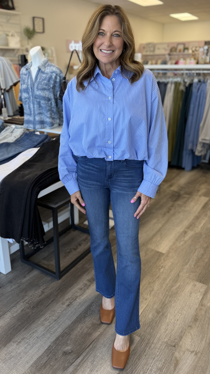 Striped Pattern Balloon Hem Buttondown Top