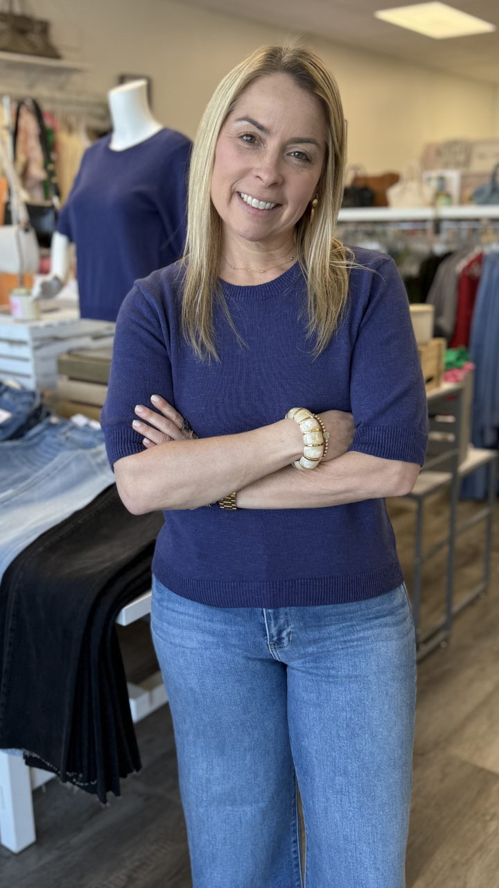 Navy Knit Short Sleeve Sweater