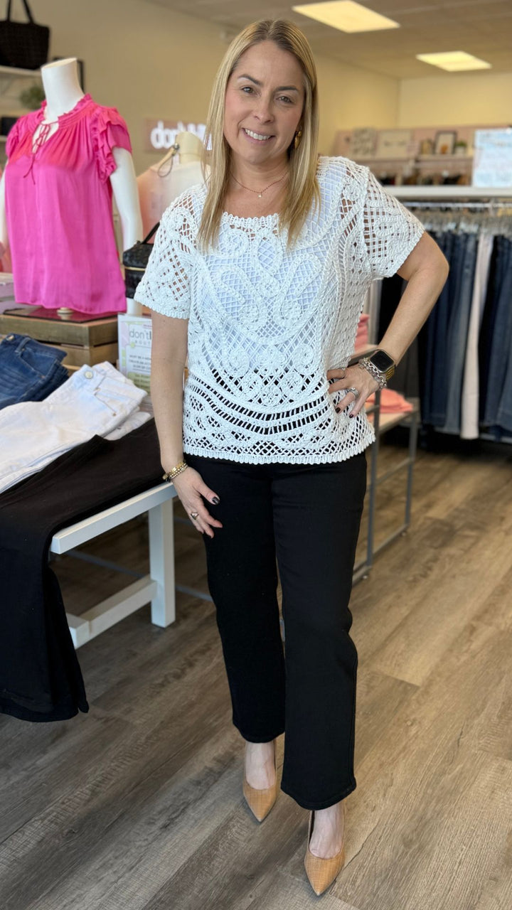 White Reversible Short Sleeve Crochet Top