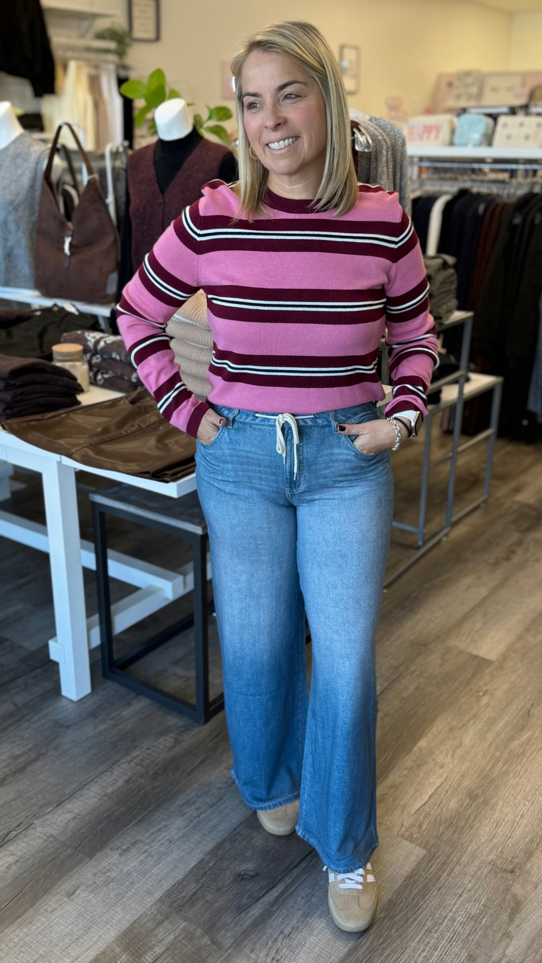 Burgundy And Rose Stripe Knit Top