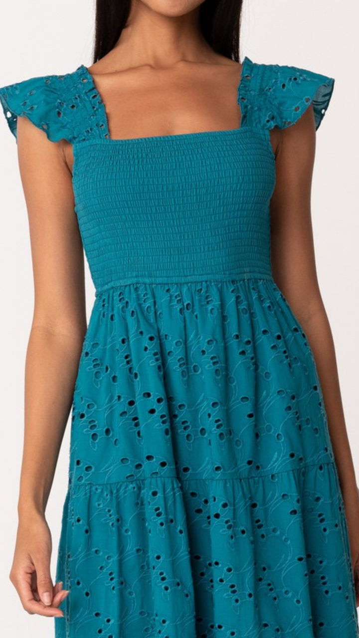 Embroidered Eyelet Smocked Tiered Maxi Dress