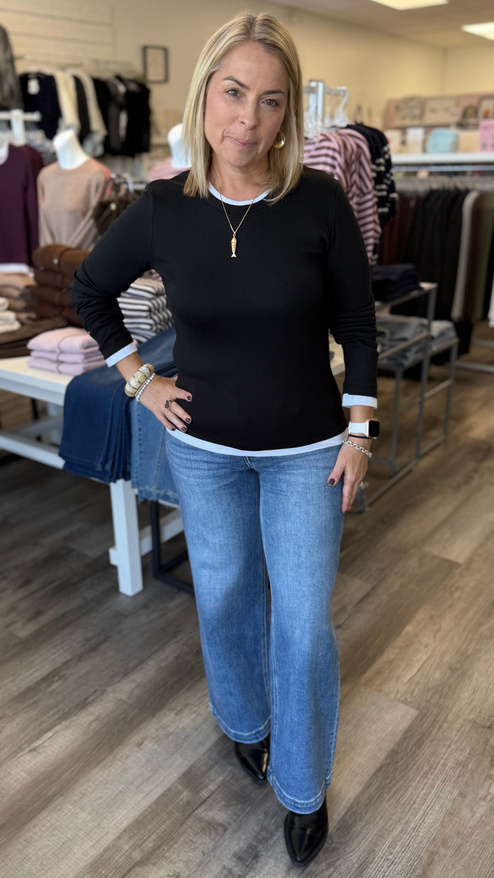 Black And White Contrast Trim Long Sleeve Top