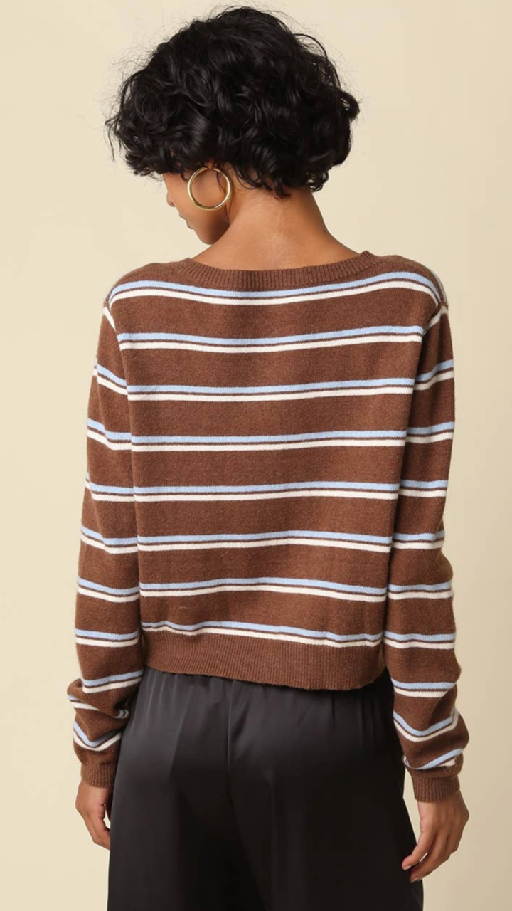 Coffee Light Blue And Cream Stripe Knit Cardigan Sweater