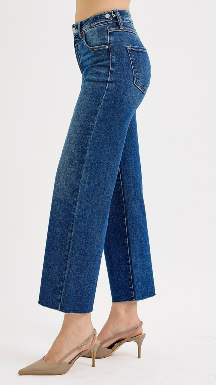 Mid Rise Tummy Control Dark Wash Crop Wide Adjustable Waistband Jeans