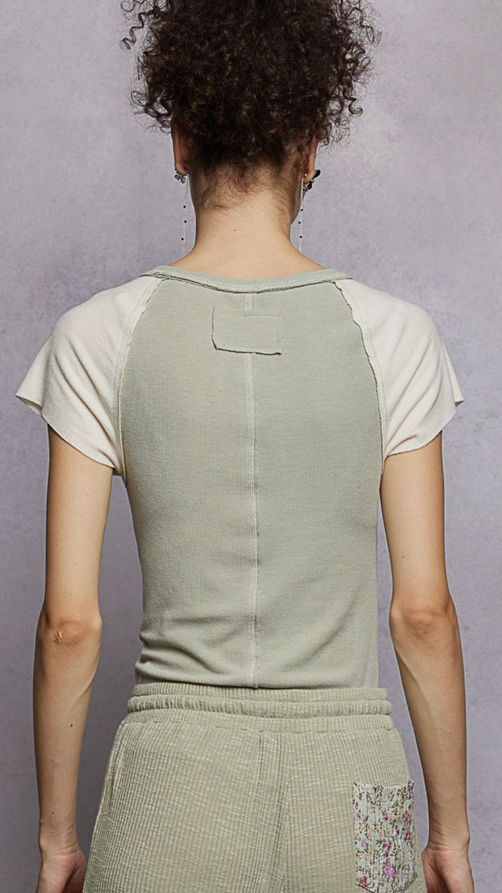 Sage and Cream Contrast Knit Tee