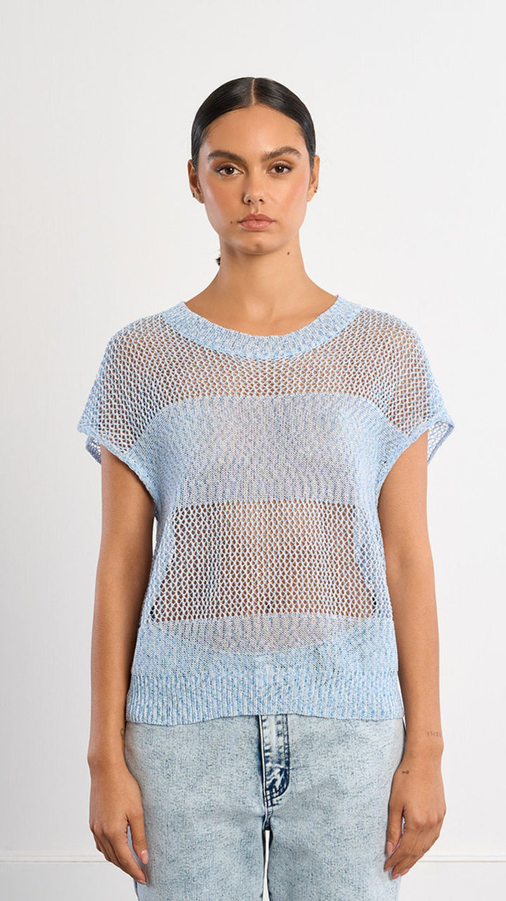 Blue Open Knit Short Sleeve Lurex Top