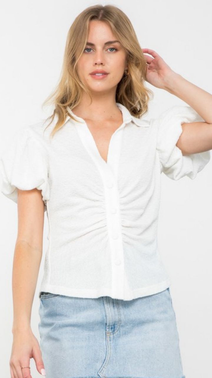 Button Up Puff Sleeve Blouse