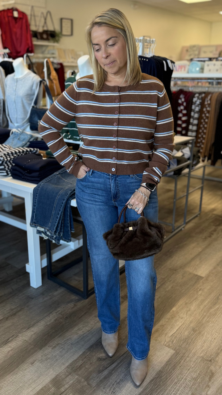 Coffee Light Blue And Cream Stripe Knit Cardigan Sweater