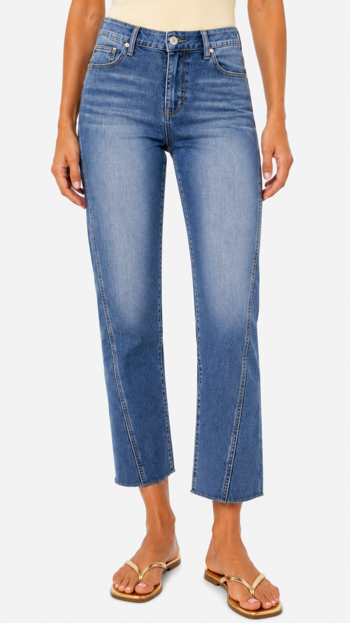 Mid Rise Medium Wash Silk Ankle Straight Jeans With Seam Detail