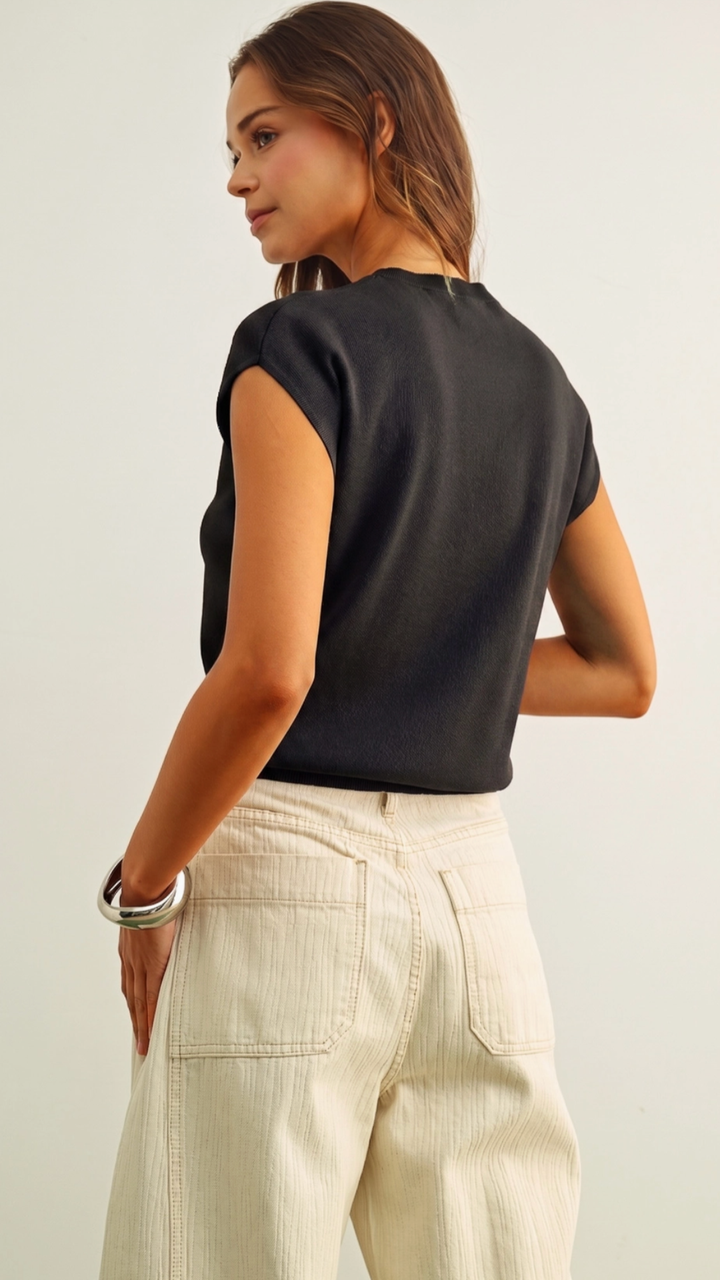 Black Round Neck Cap Short Sleeve Knit Top