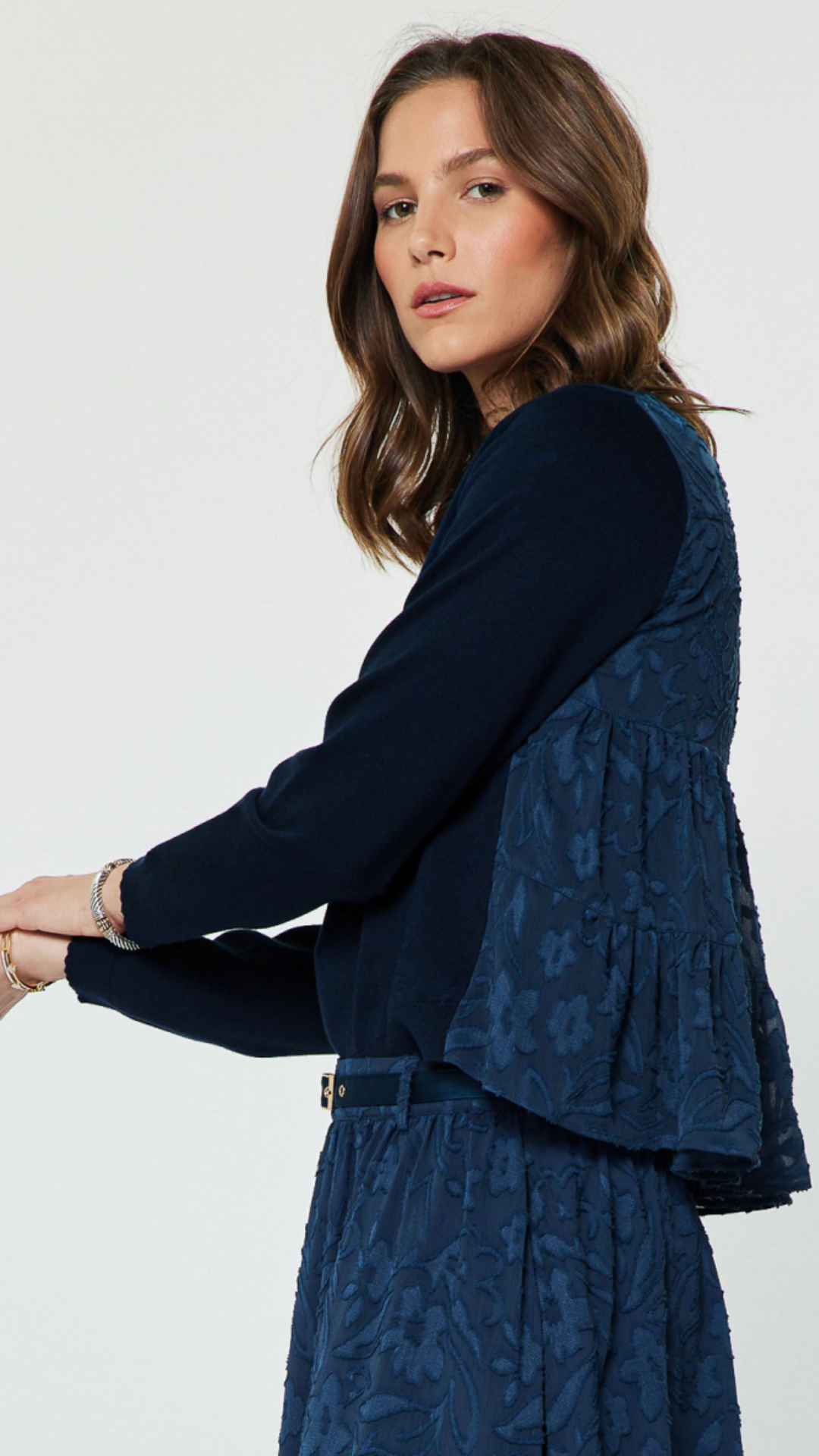 Fine Knit Front With Floral Jacquard Back Top
