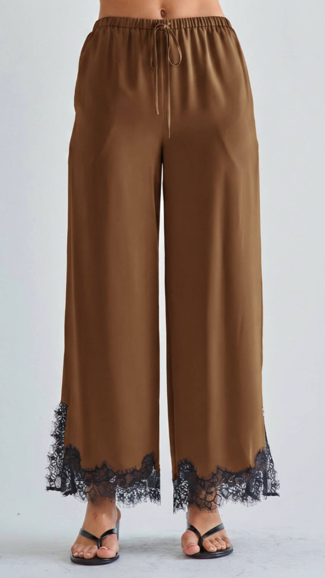 Mocha Satin Lace Top And Pants Set