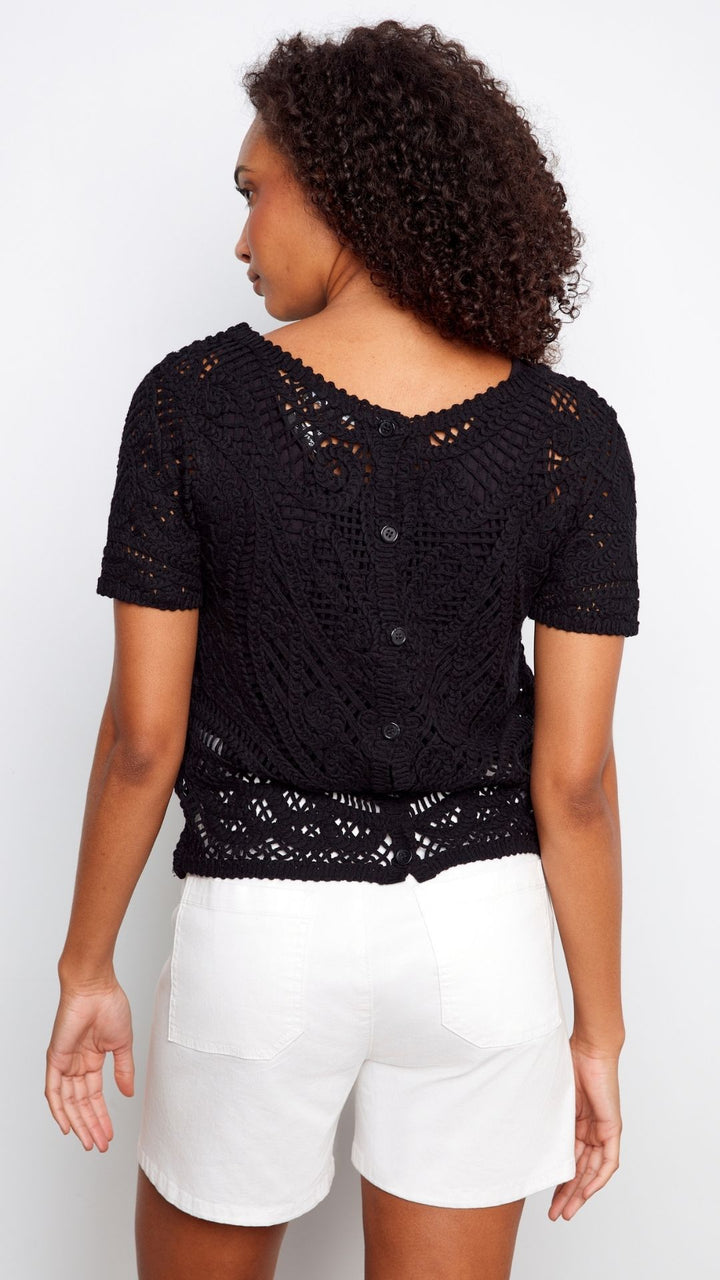 Black Reversible Short Sleeve Crochet Top