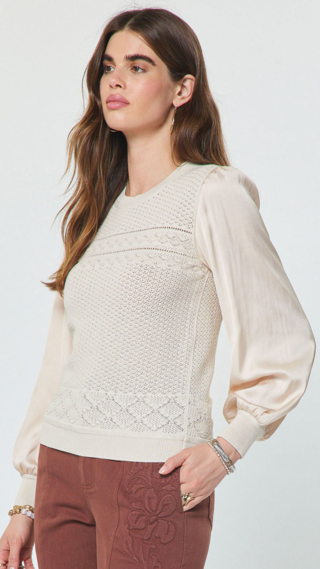 Champaign Pointelle Knit Mixed Media Top