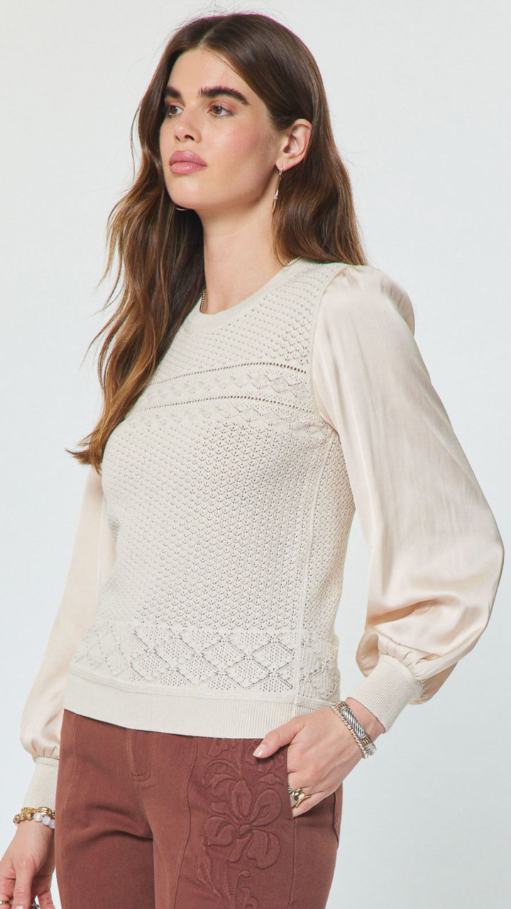 Champaign Pointelle Knit Mixed Media Top