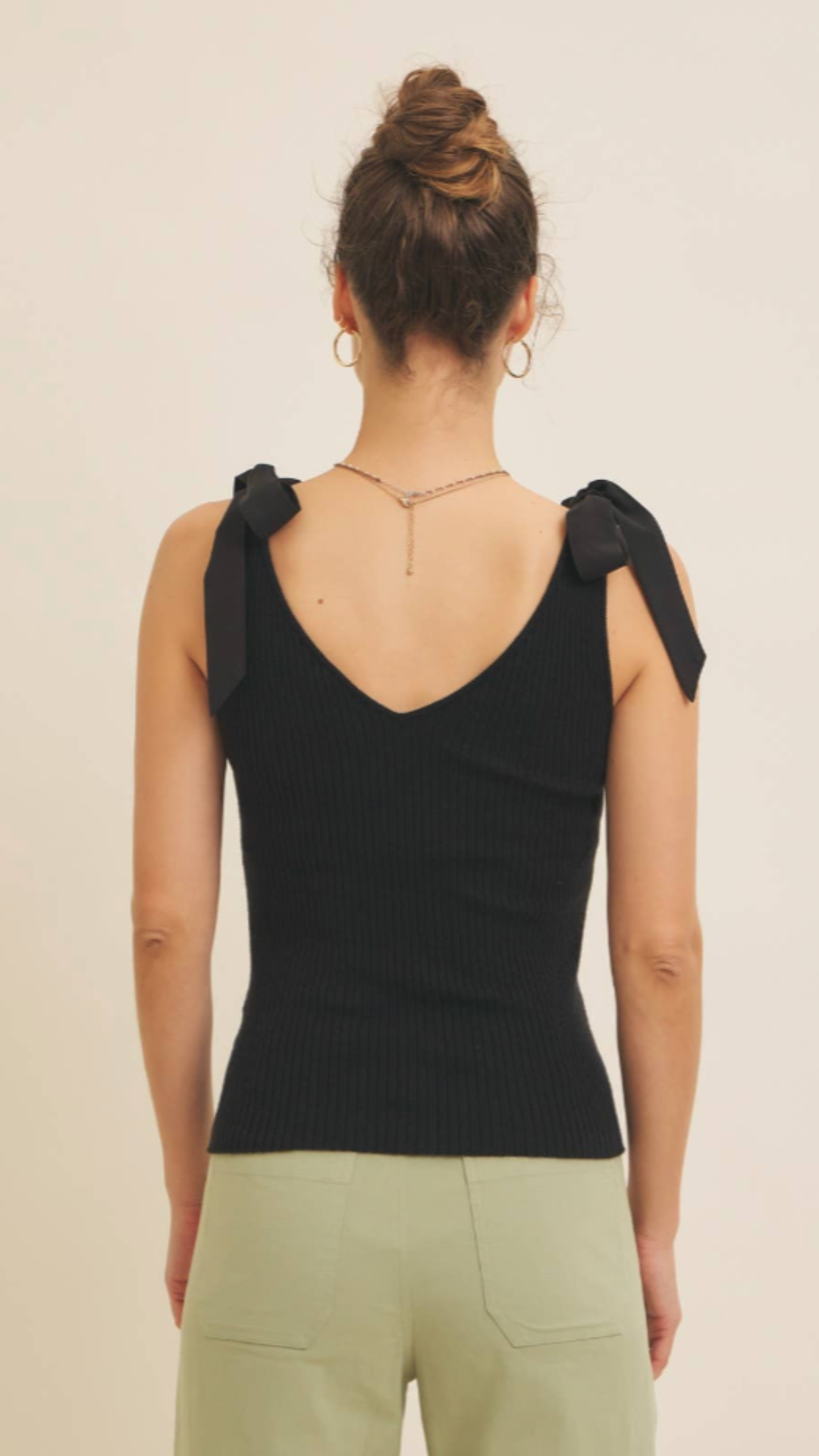 Mixed Media Shoulder Tie Rib Sweater Tank