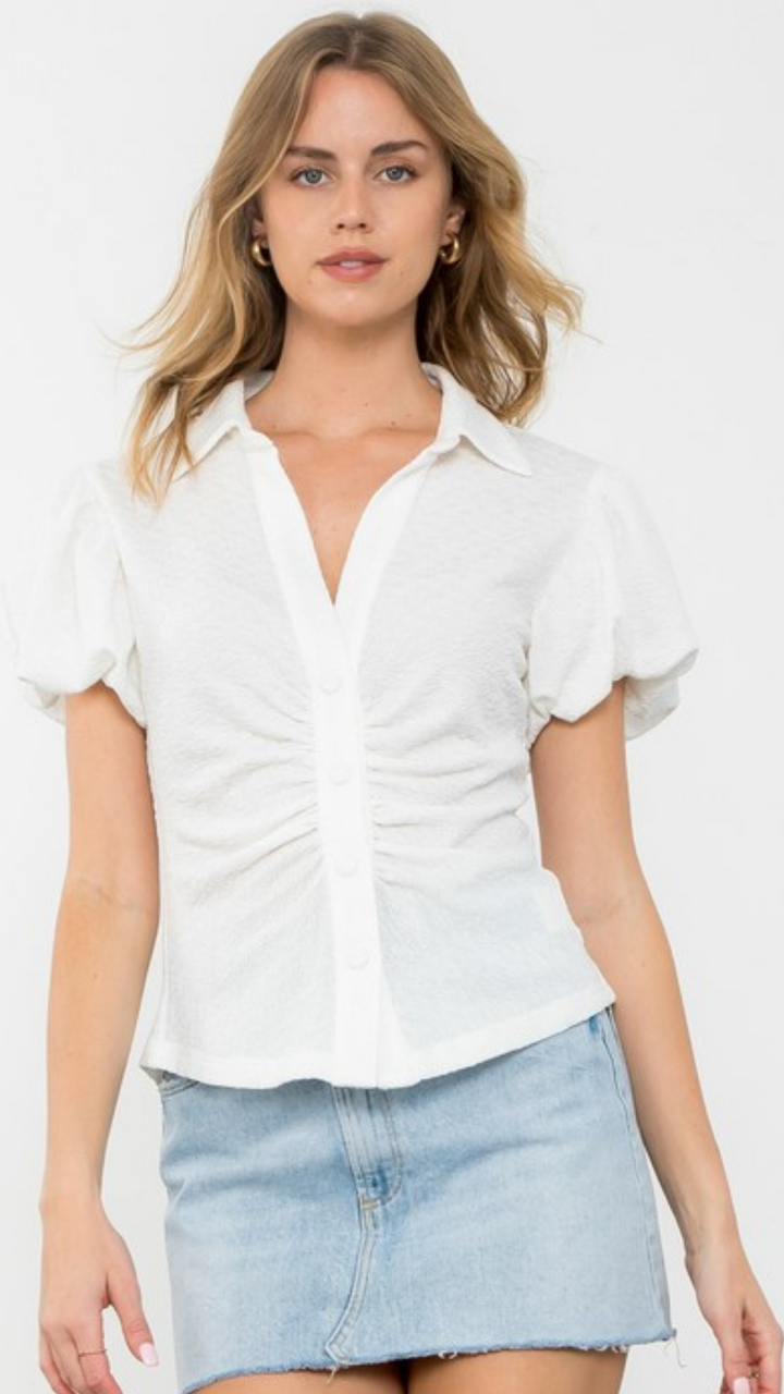 Button Up Puff Sleeve Blouse