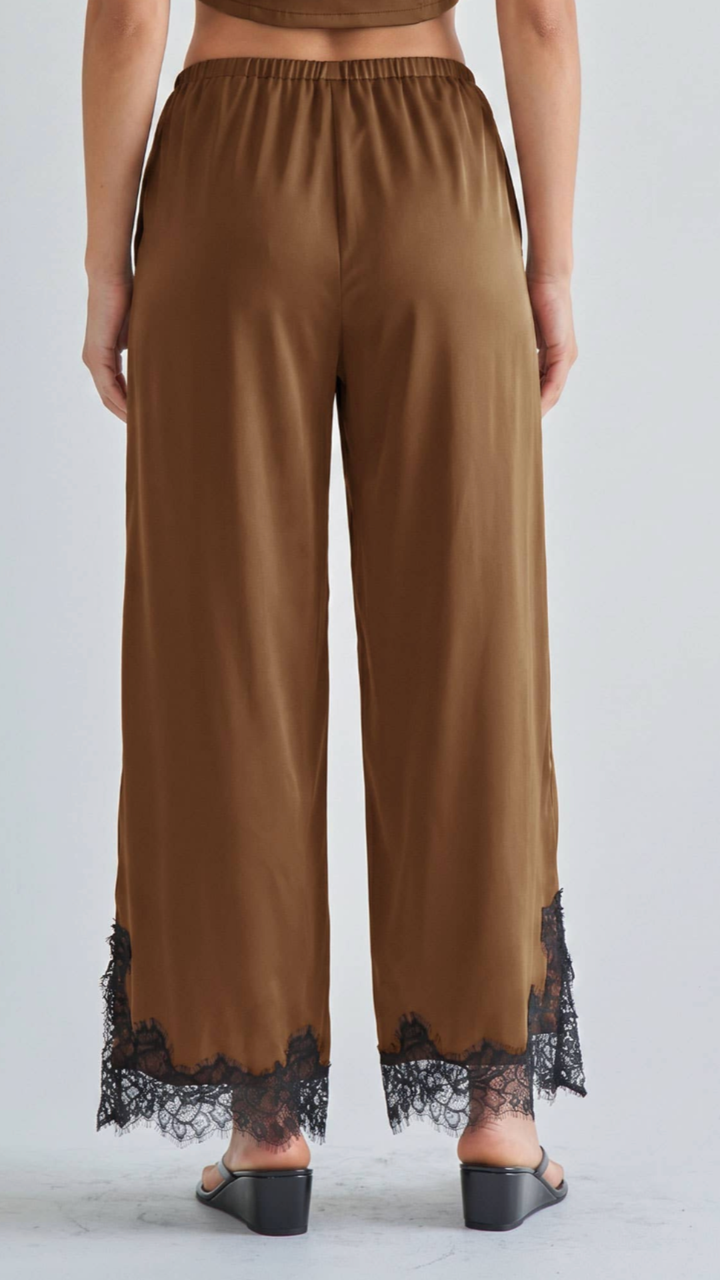Mocha Satin Lace Top And Pants Set
