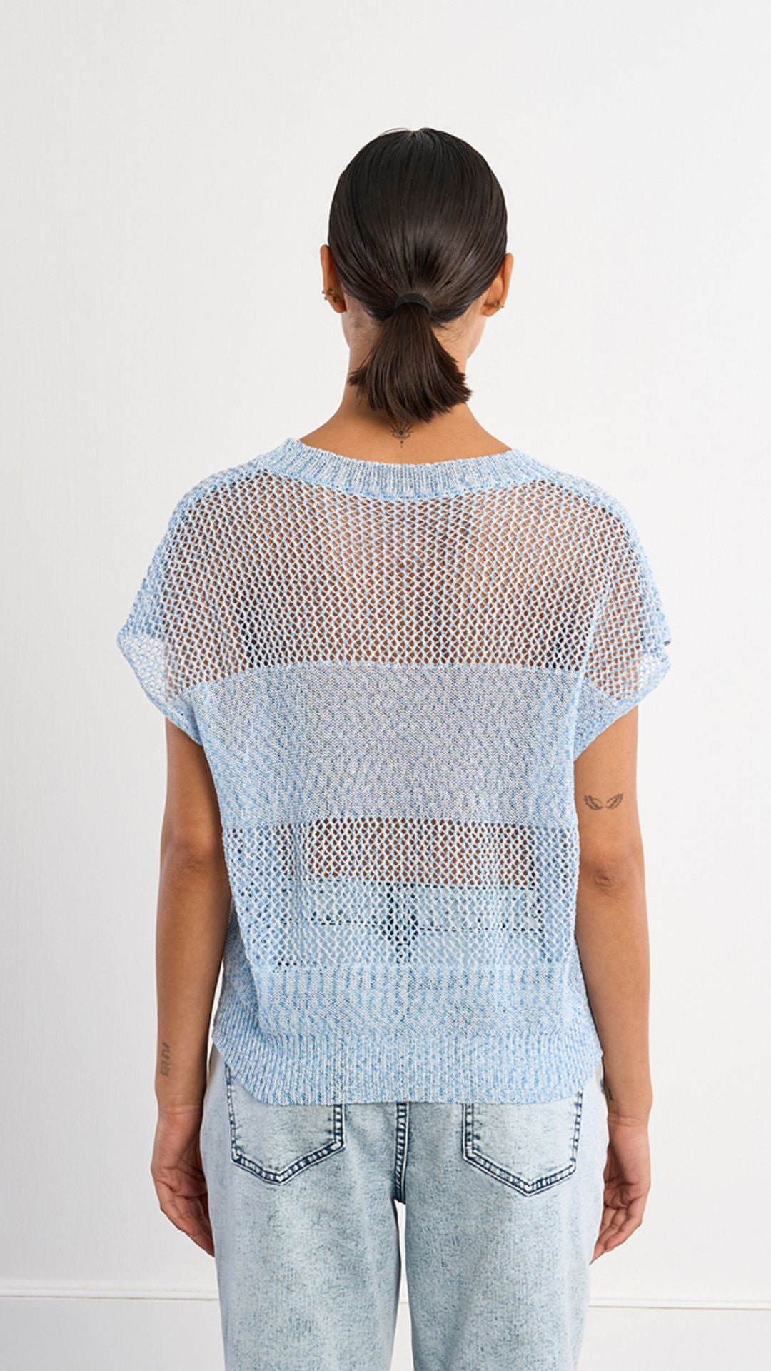Blue Open Knit Short Sleeve Lurex Top