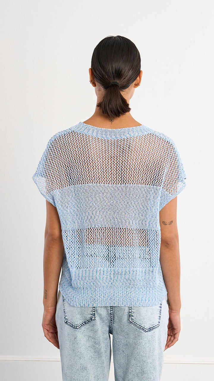Blue Open Knit Short Sleeve Lurex Top
