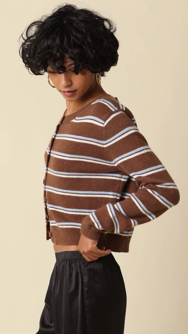 Coffee Light Blue And Cream Stripe Knit Cardigan Sweater