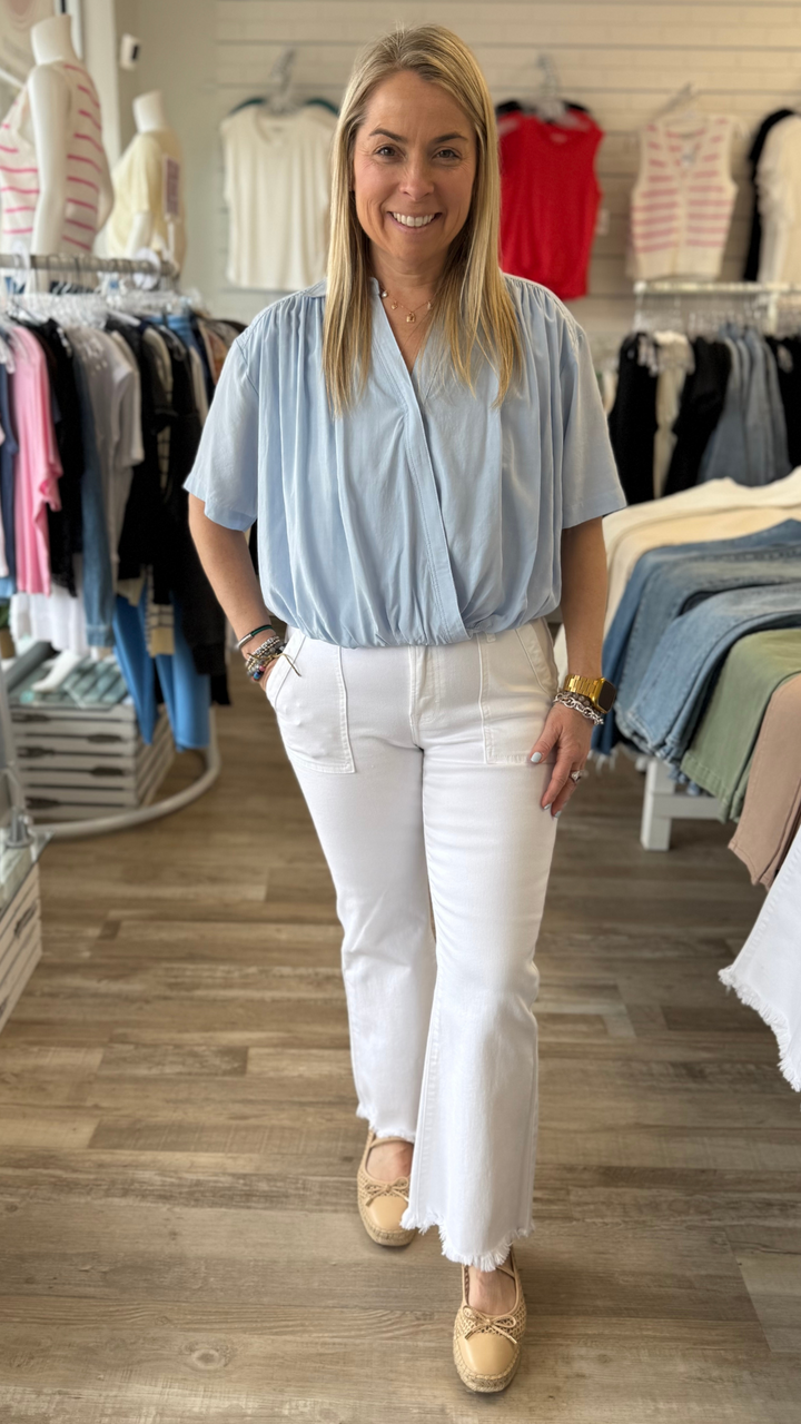 Light Blue Surplice Blouse With Bubble Hem