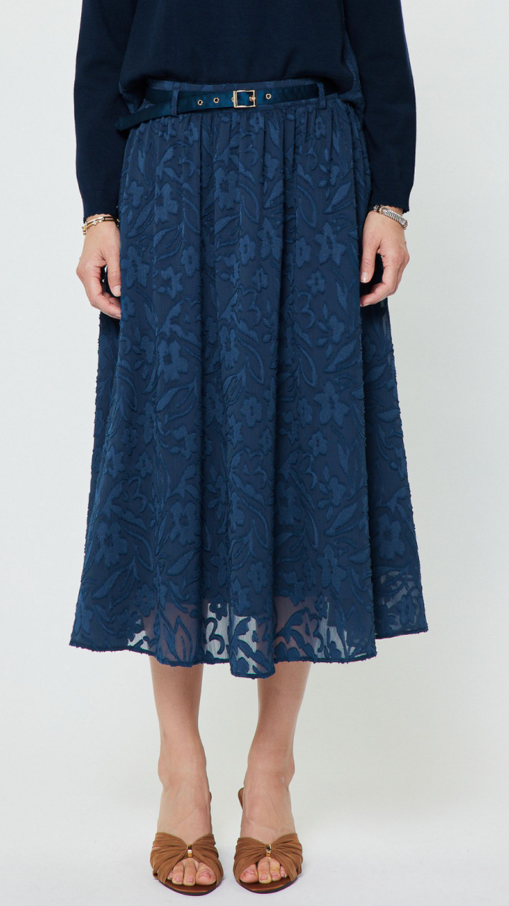 Floral Textured A Line Skirt With Belt