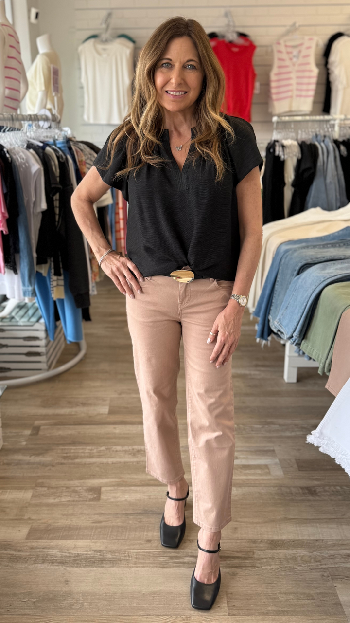 Split Neck Blouse With Pleated Neckline And Sleeves