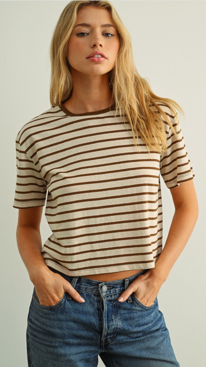 Brown Essential Stripe Ringer Tee