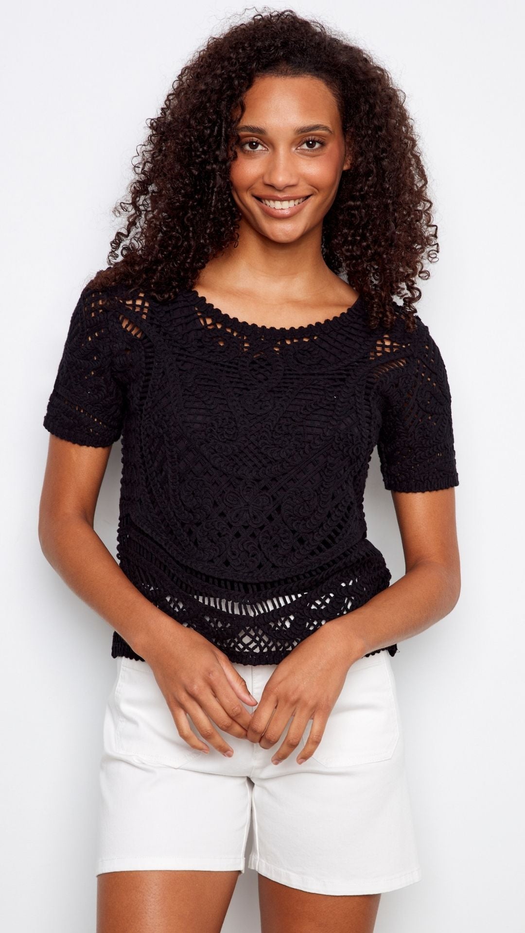 Black Reversible Short Sleeve Crochet Top