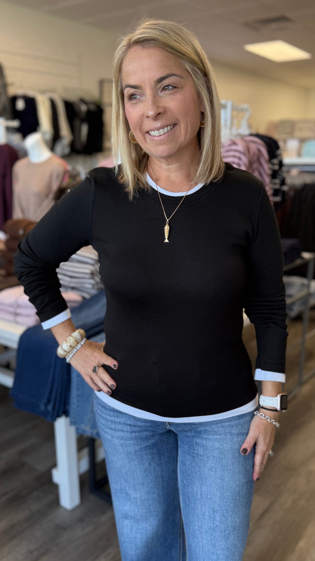 Black And White Contrast Trim Long Sleeve Top
