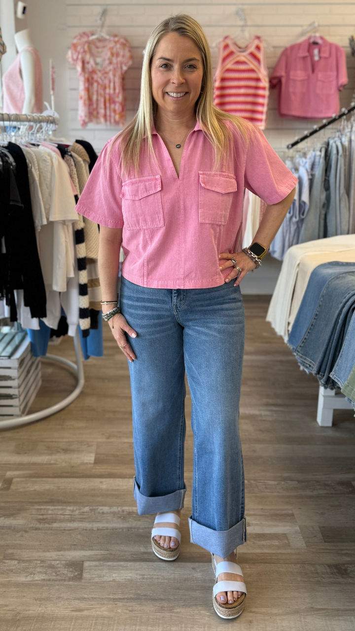 High Rise Medium Wash Double Cuffed Baggy Wide Leg Jeans
