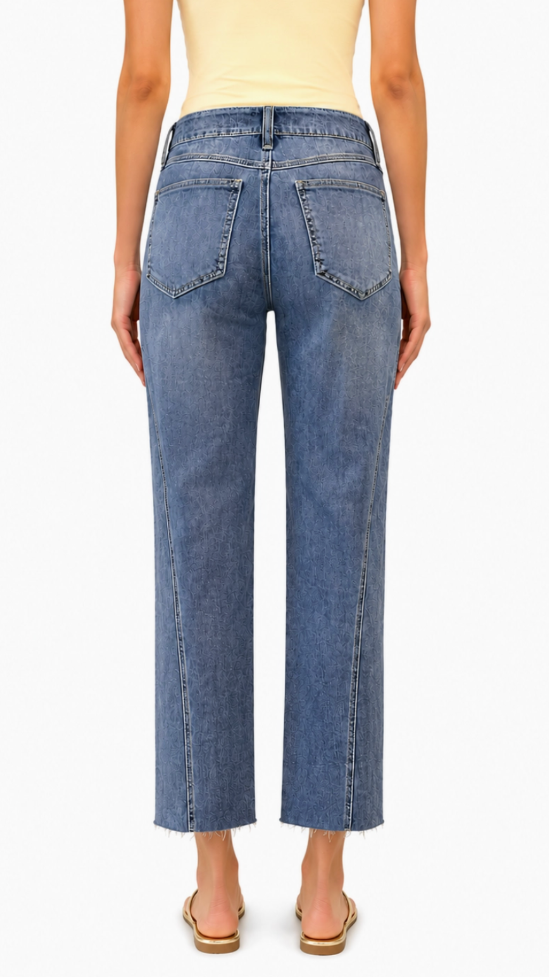Mid Rise Medium Wash Silk Ankle Straight Jeans With Seam Detail