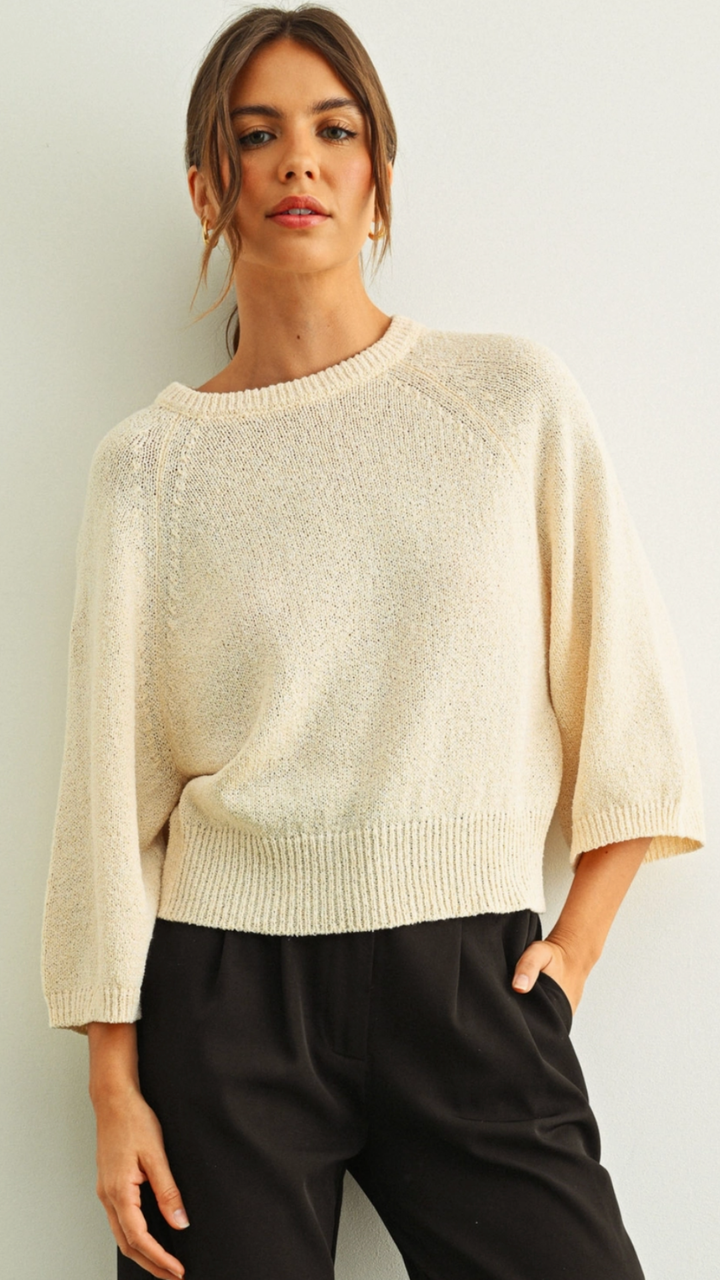 Cream Round Neck Quarter Sleeve Knitted Top