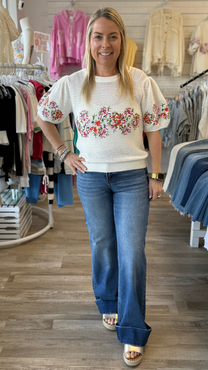 Puff Sleeve Embroidered Floral Top