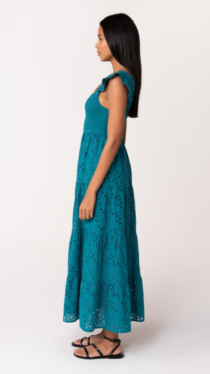 Embroidered Eyelet Smocked Tiered Maxi Dress