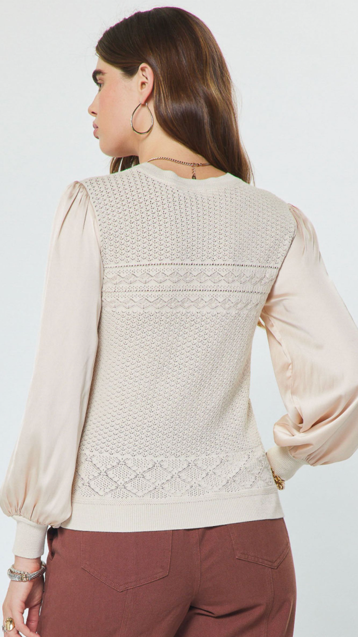 Champaign Pointelle Knit Mixed Media Top