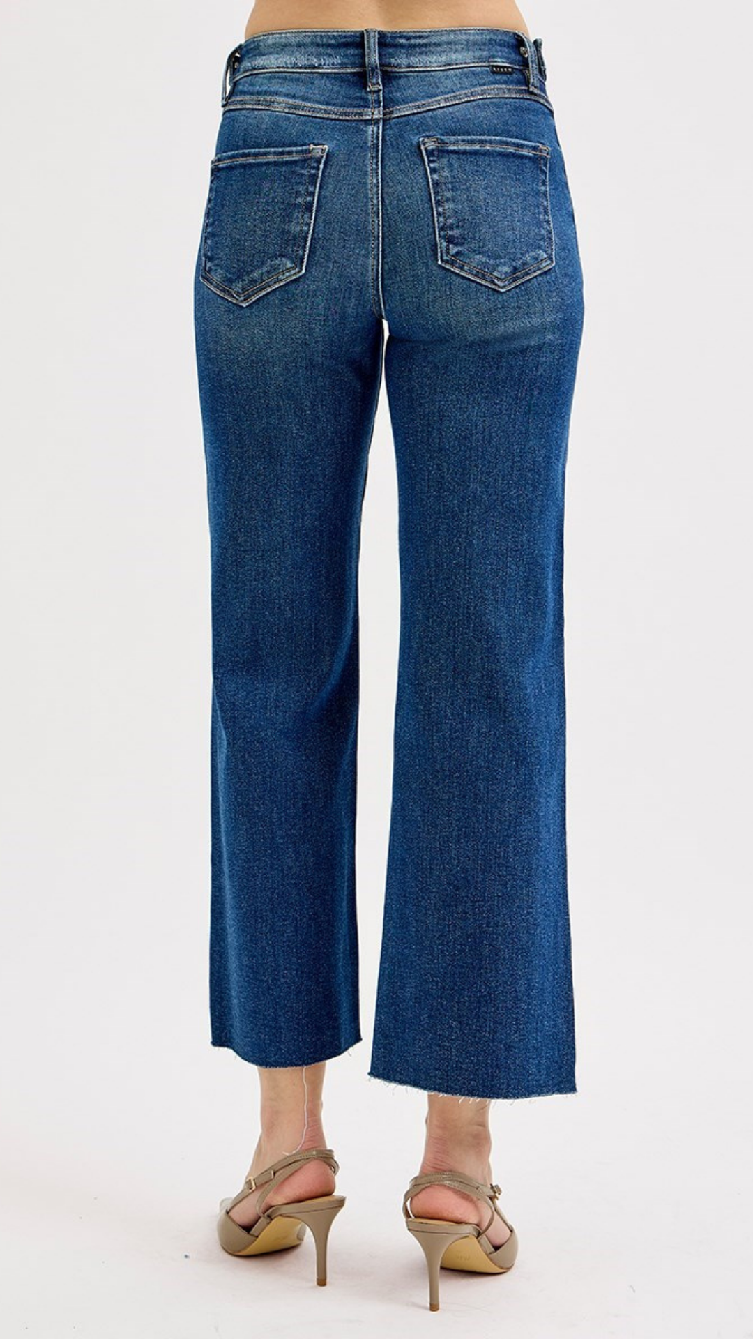 Mid Rise Tummy Control Dark Wash Crop Wide Adjustable Waistband Jeans