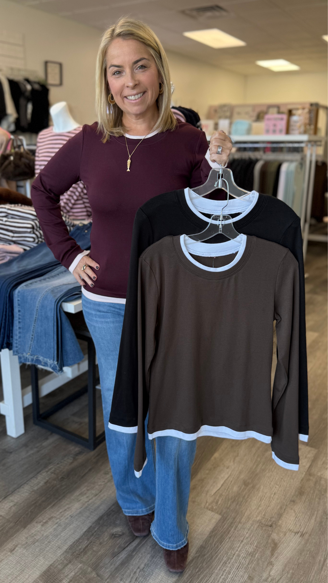Burgundy And Pink Contrast Trim Long Sleeve Top