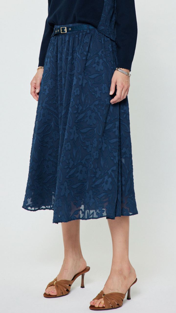 Floral Textured A Line Skirt With Belt