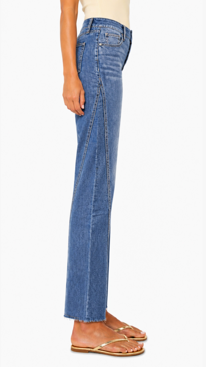 Mid Rise Medium Wash Silk Ankle Straight Jeans With Seam Detail
