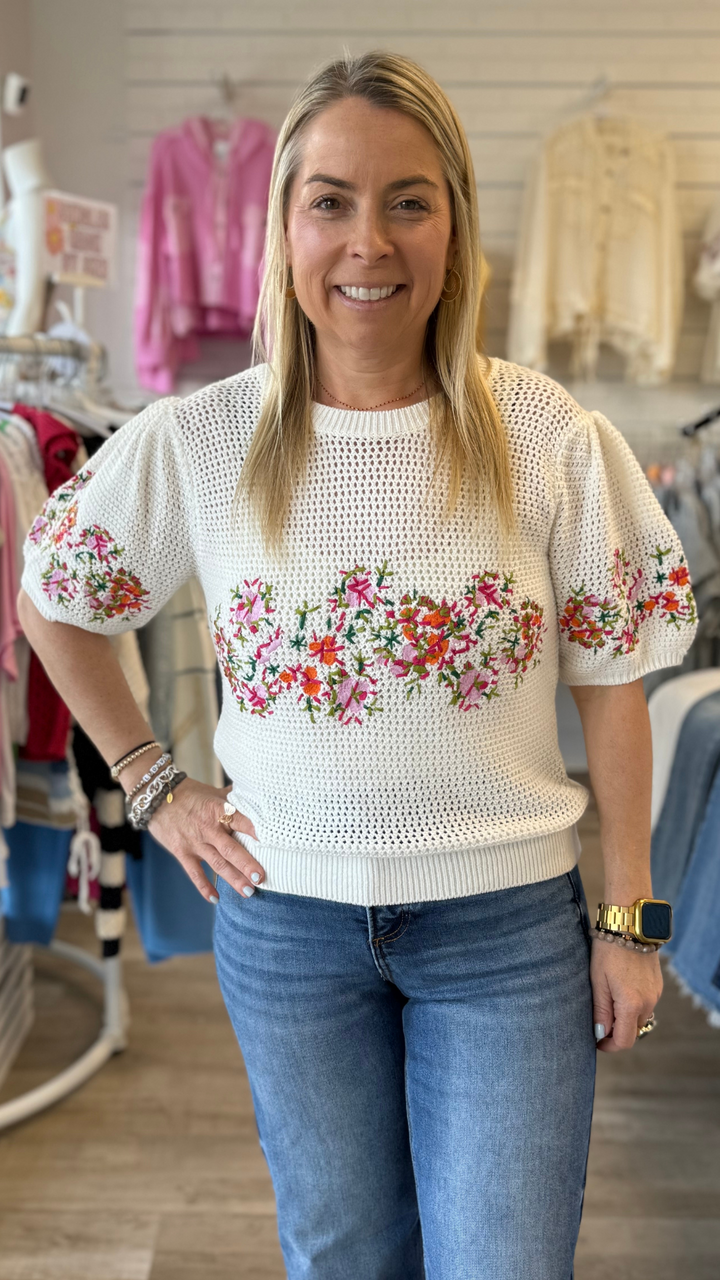 Puff Sleeve Embroidered Floral Top